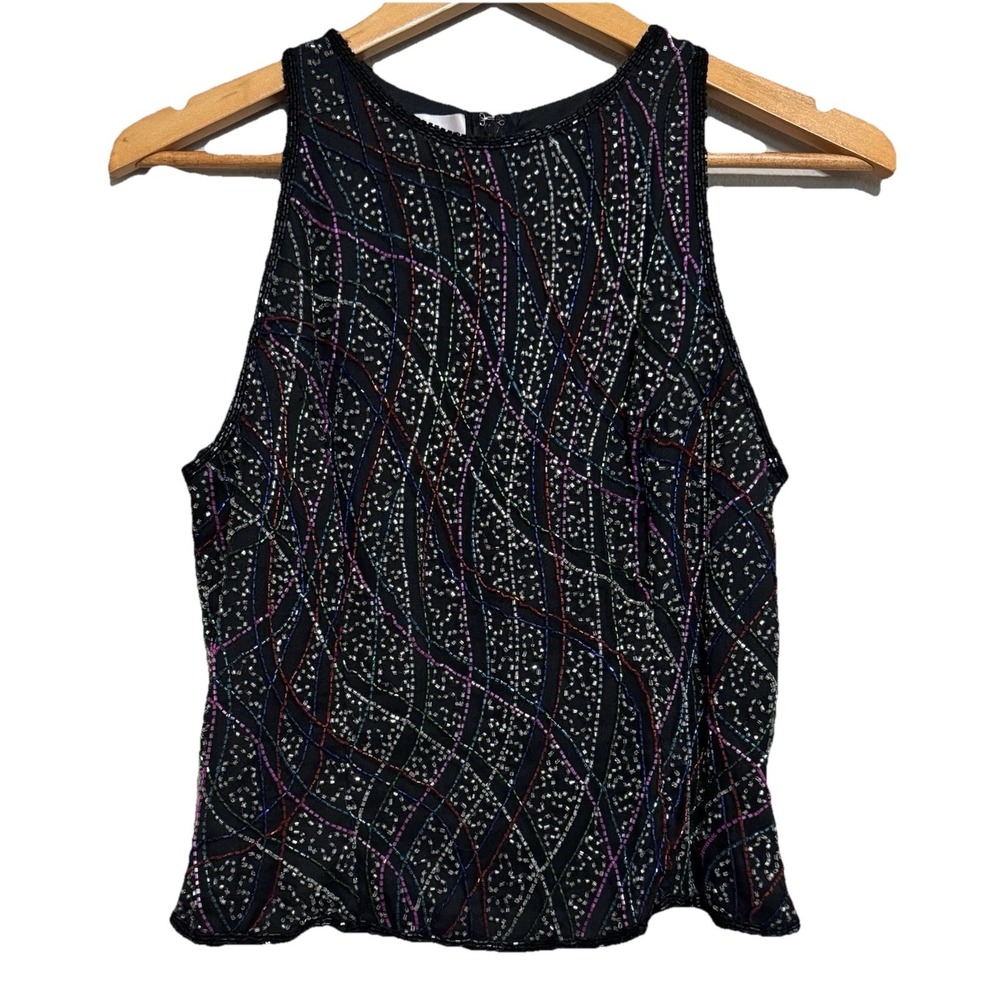 Laurence Kazar Women's Top Silk Beaded Multi Colored Sleeveless‎ M Festival